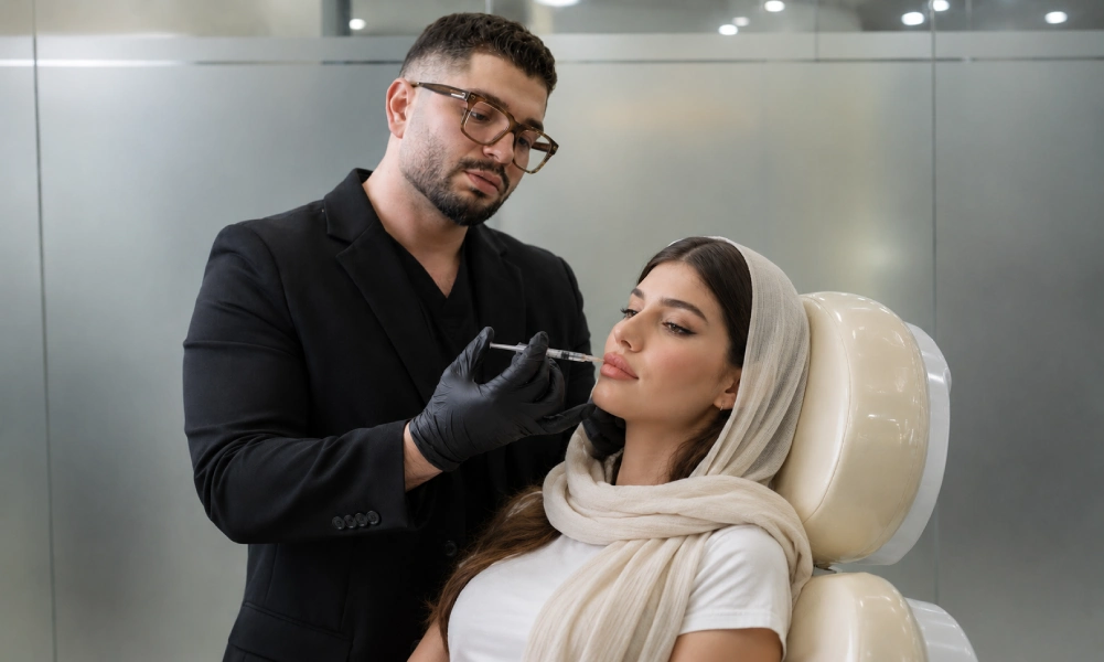 دکتر خیرالهی در حال تزریق یک سی سی فیلر لب برای کلاینت کلینیک