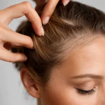 خانمی که موهای نازک دارد و دچار کم پشتی مو است.