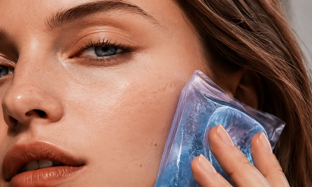 خانمی که بعد از تزریق فیلر گونه روی صورتش کمپرس یخ گذاشته است