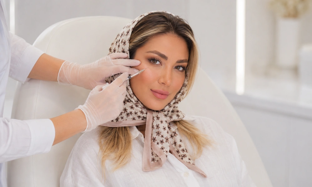 خانمی در حال تزریق مزوژل به زیر چشم ها