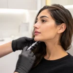 خانمی در حال اصلاح نیم‌رخ با فیلر چانه در کلینیک زیبایی