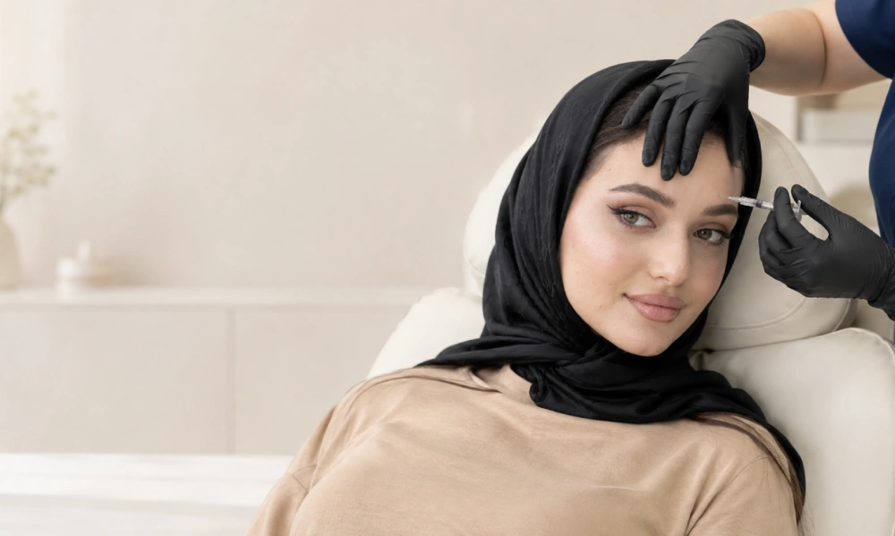 این خانم در حال تزریق بوتاکس به بالا ابروی خود است