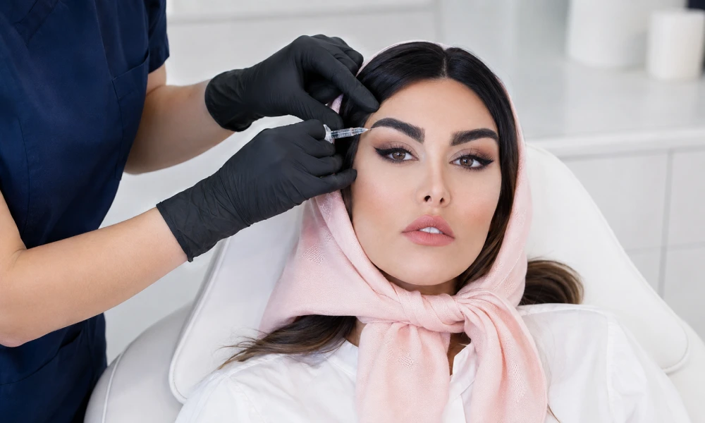 افتادگی بعد از تزریق بوتاکس ابرو | خانمی در حال تزریق بوتاکس زیر ابروهای خود است.