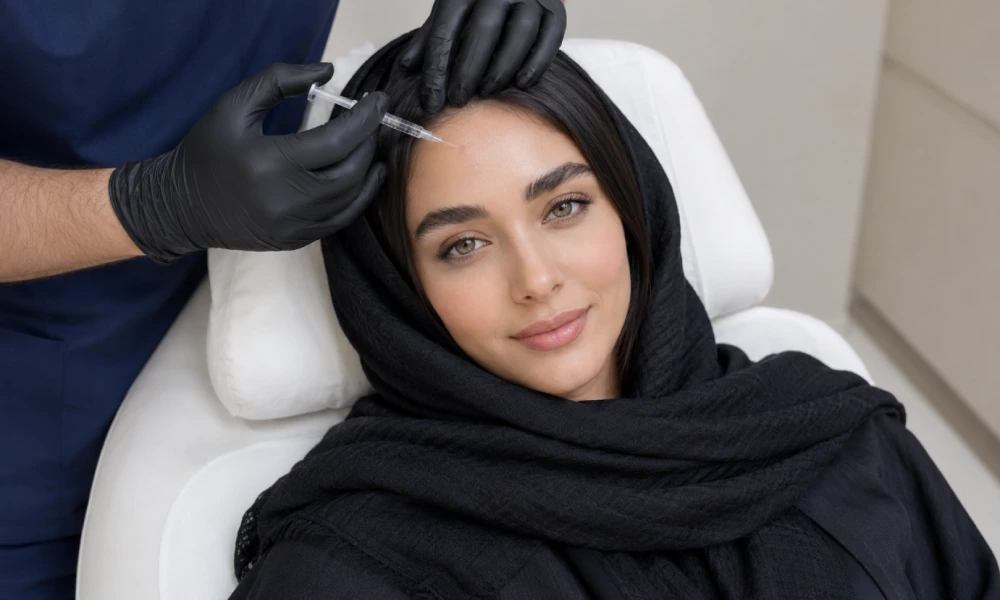 تزریق مزوژل پیشانی بدون درد برای خانمی در مرکز زیبایی