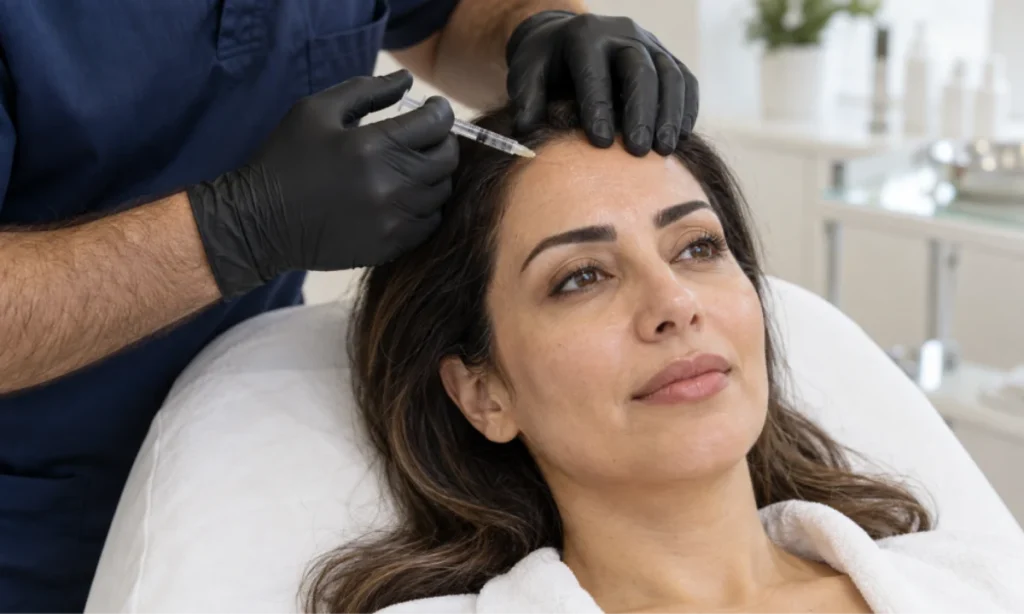 تزریق مزوژل پیشانی برای کلاینت زیبایی جهت روشن سازی پوست ناحیه پیشانی و بالا ابرو