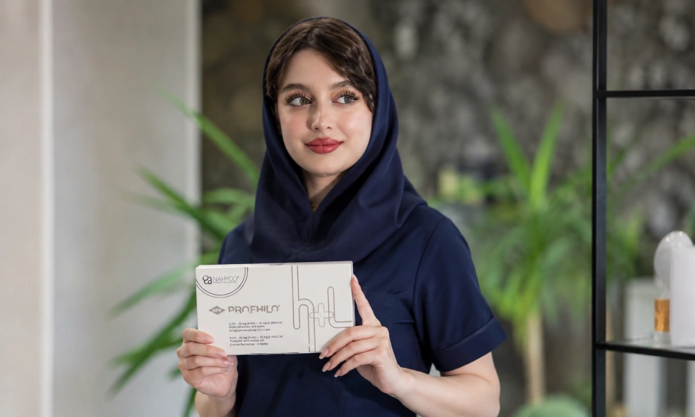 خانم دکتری که جعبه مزوژل پروفایلو را در دست دارد.
