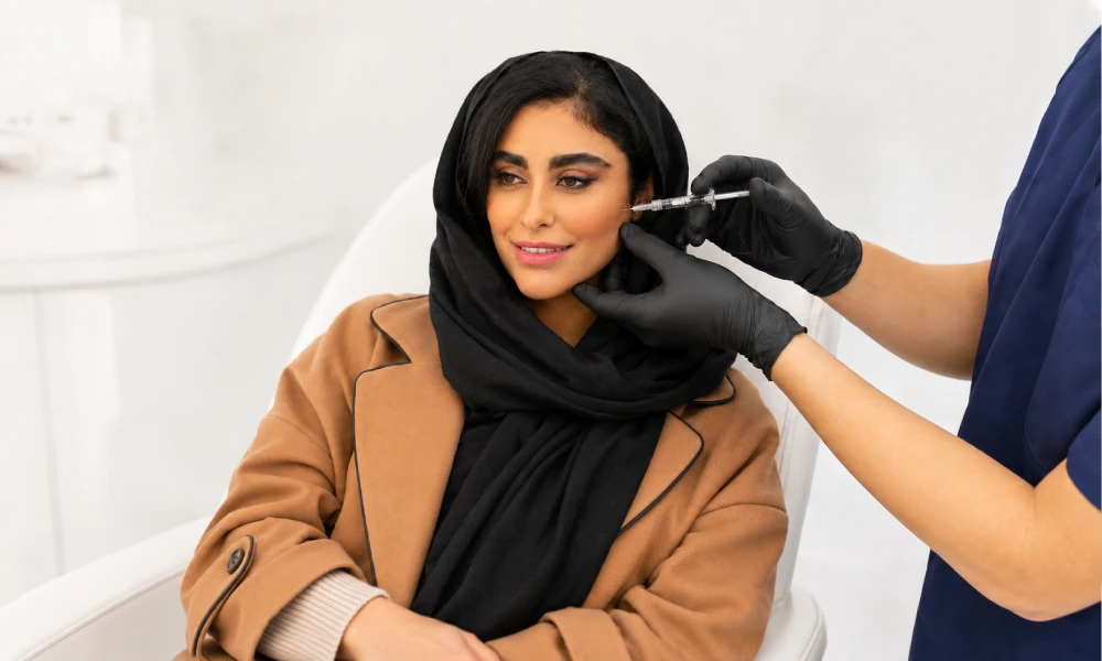 از بین بردن لک صورت با تزریق مزوژل صورت برای خانمی در کلینیک زیبایی