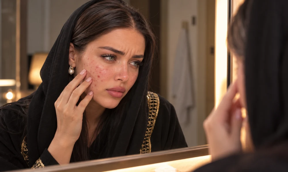وجود جای جوش روی صورت خانمی که ناراحت است.